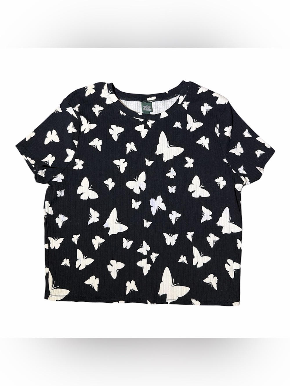 wild fable Black Short Sleeve Tee with White Butterfly Print